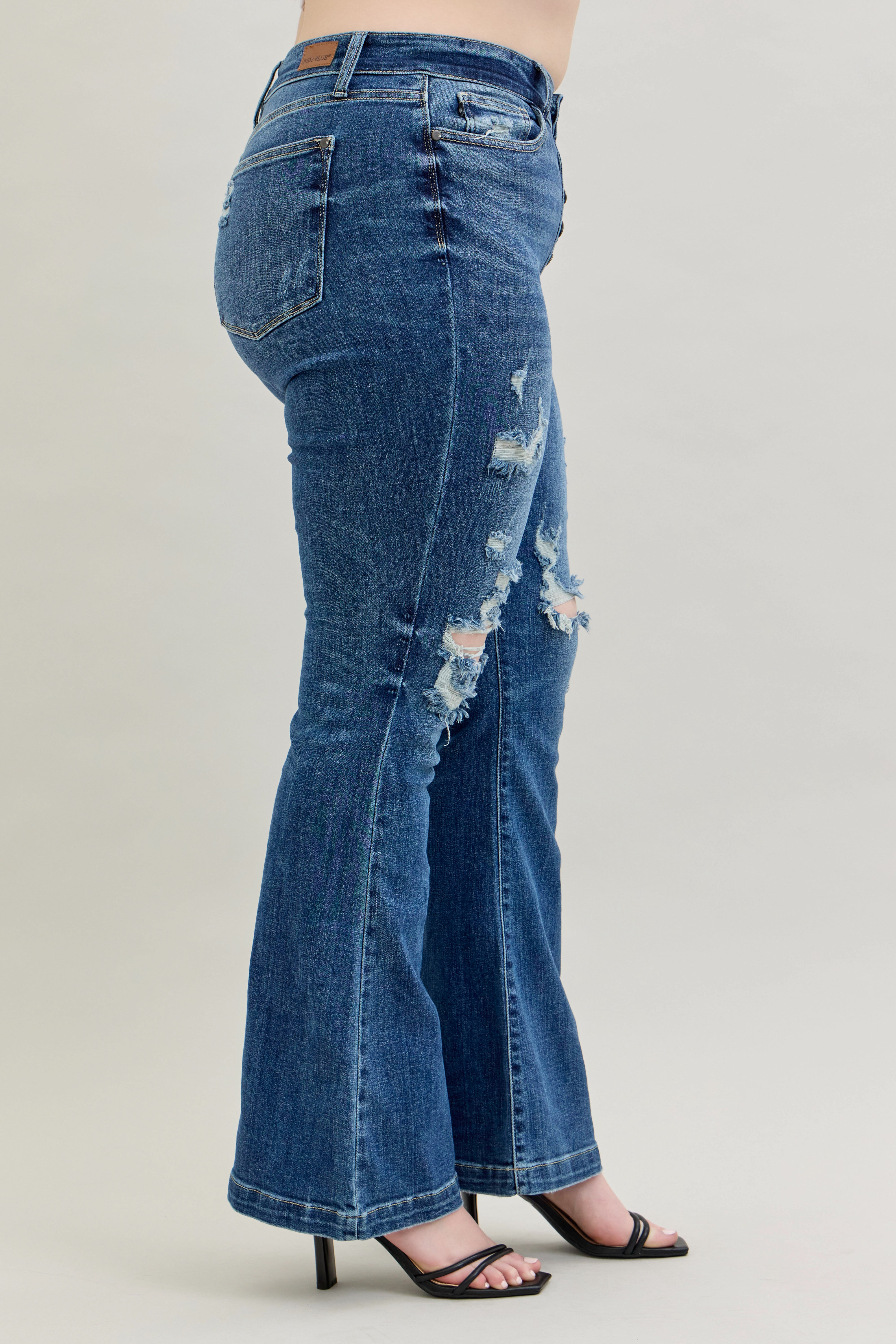 Judy Blue Dark Wash Mid-Rise Button Fly Destroyed Jeans