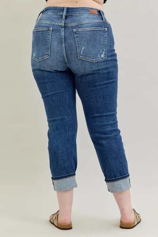 Judy Blue Full Size Mid Rise Cuffed Destroy Boyfriend Jeans