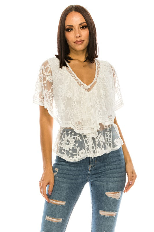 Lace White V-Neck Top