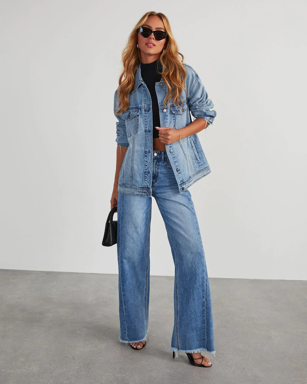 Loose Wide-leg Side Seam Stitching Frayed Hem Jeans