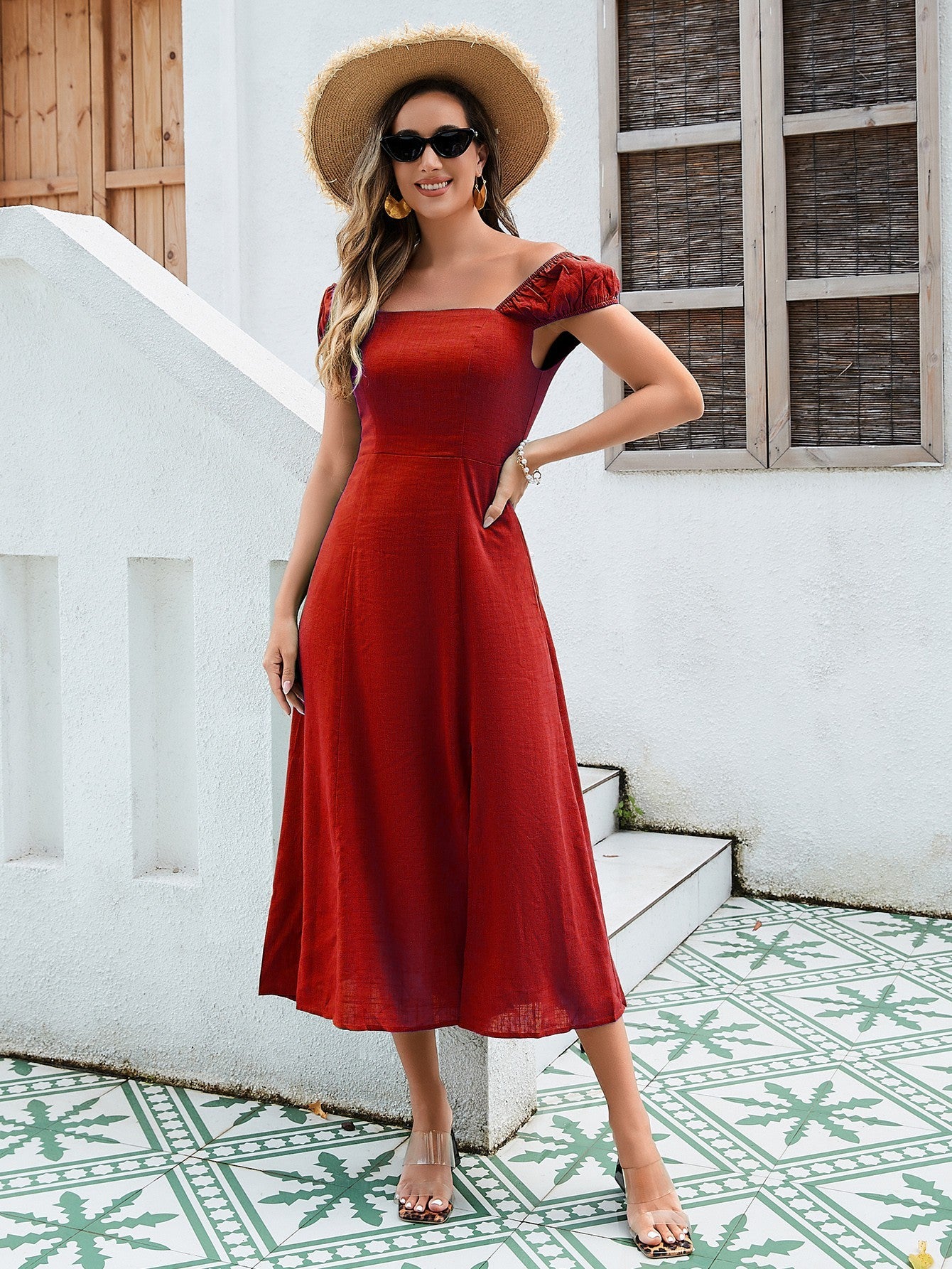 Linen-Cotton Midi Dress - Versatile Off-Shoulder Design With Adjustable Tie-Back And Split Hem