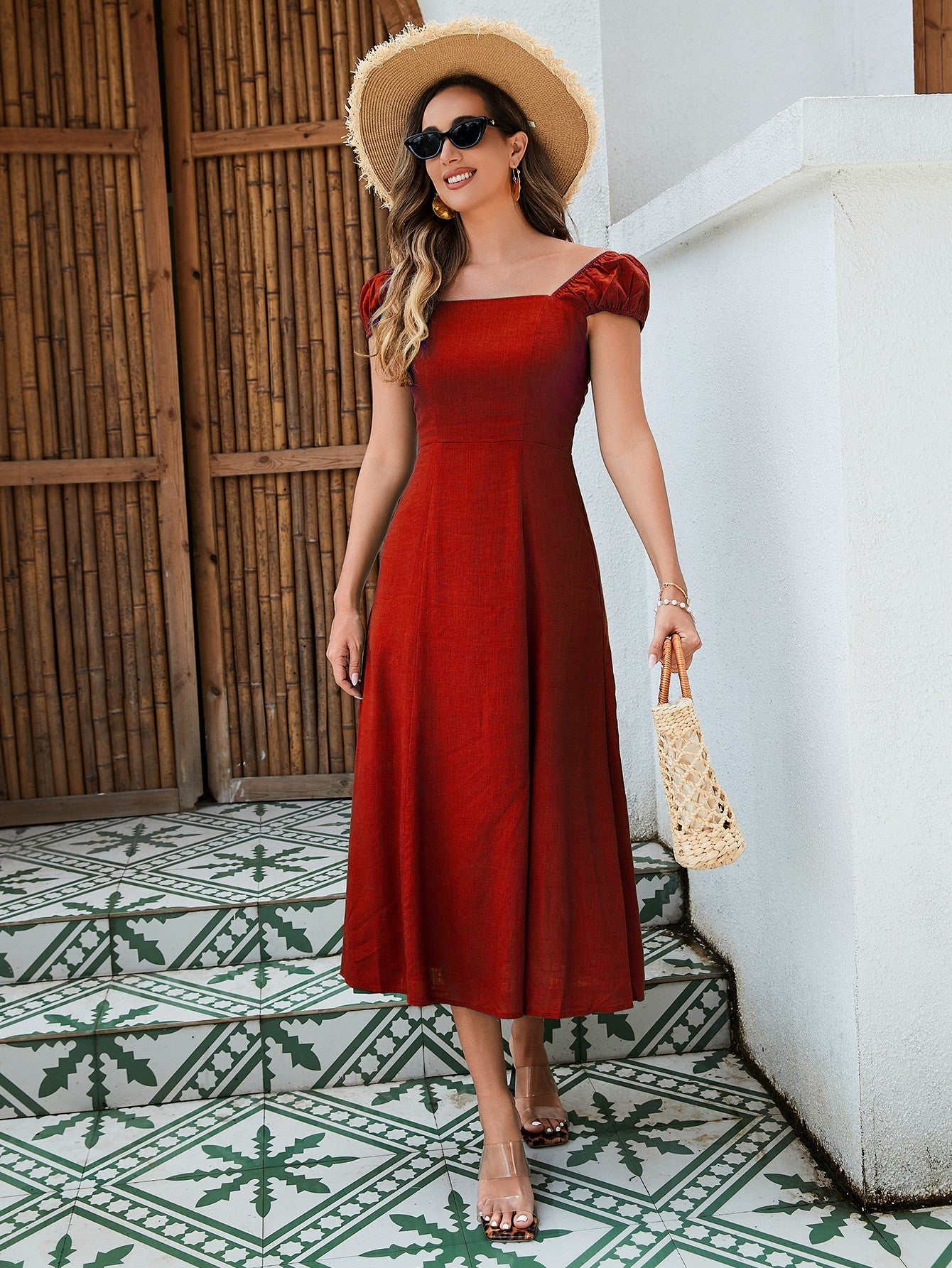 Linen-Cotton Midi Dress - Versatile Off-Shoulder Design With Adjustable Tie-Back And Split Hem