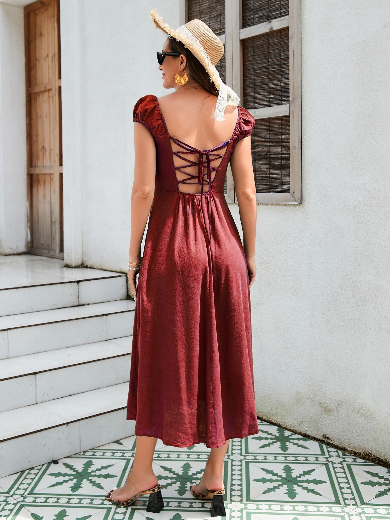 Linen-Cotton Midi Dress - Versatile Off-Shoulder Design With Adjustable Tie-Back And Split Hem