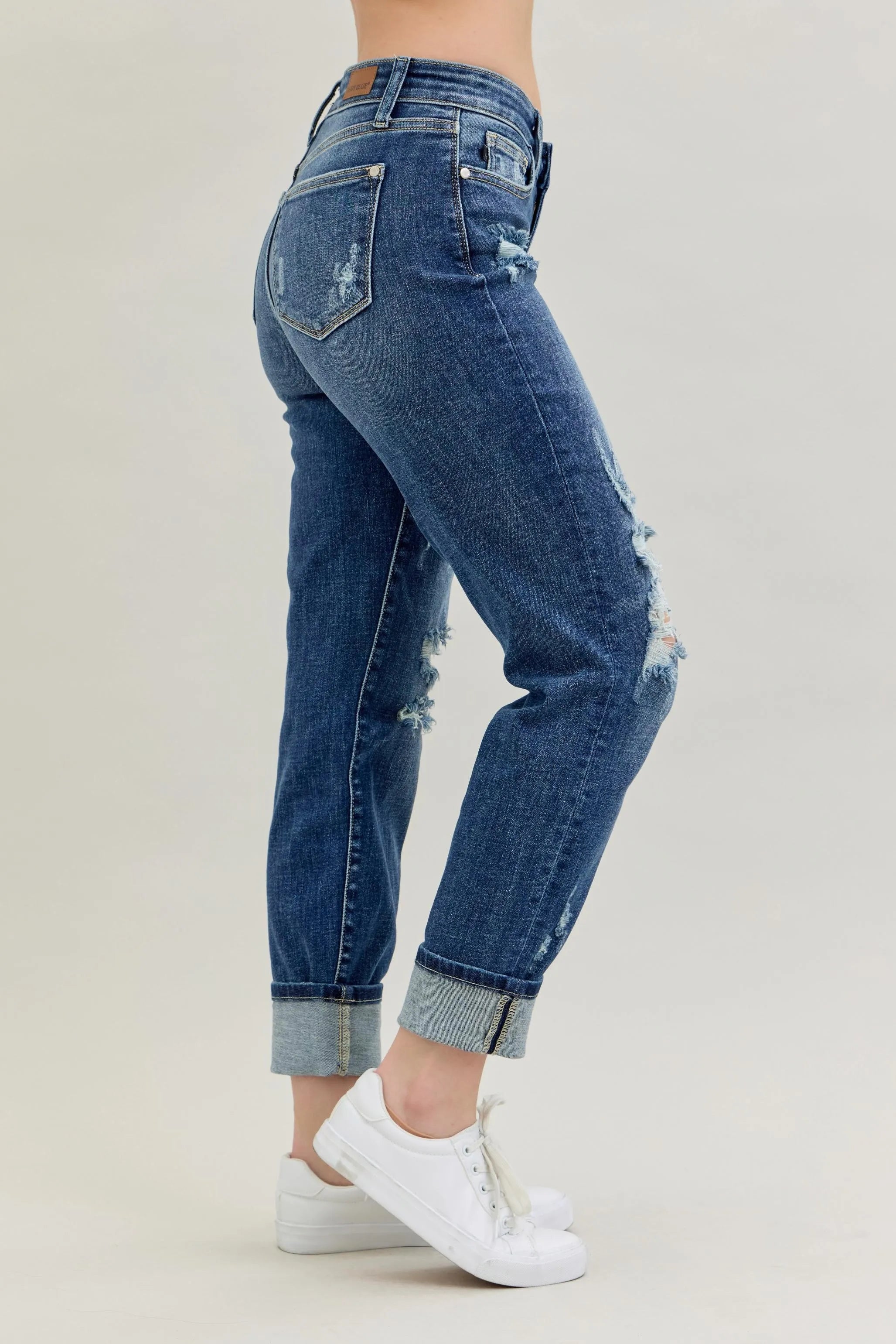 Judy Blue Full Size Mid Rise Cuffed Destroy Boyfriend Jeans