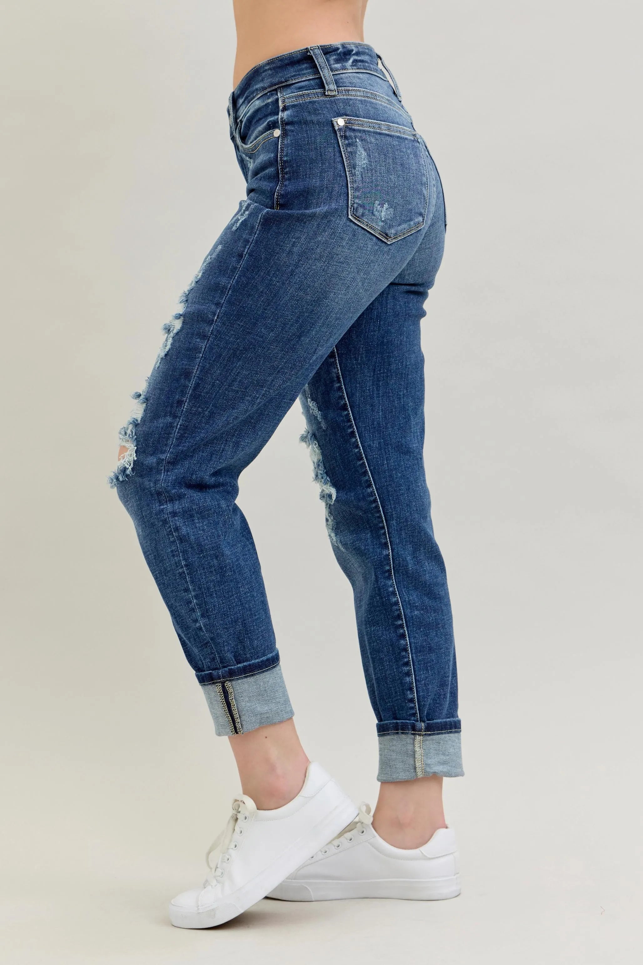Judy Blue Full Size Mid Rise Cuffed Destroy Boyfriend Jeans
