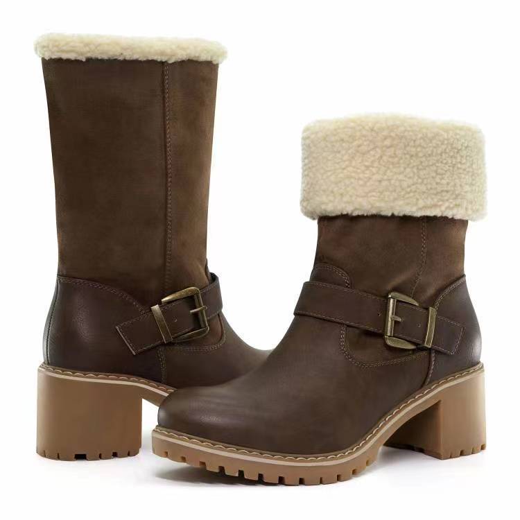 Round Toe Boots With Buckle, Chunky Heel