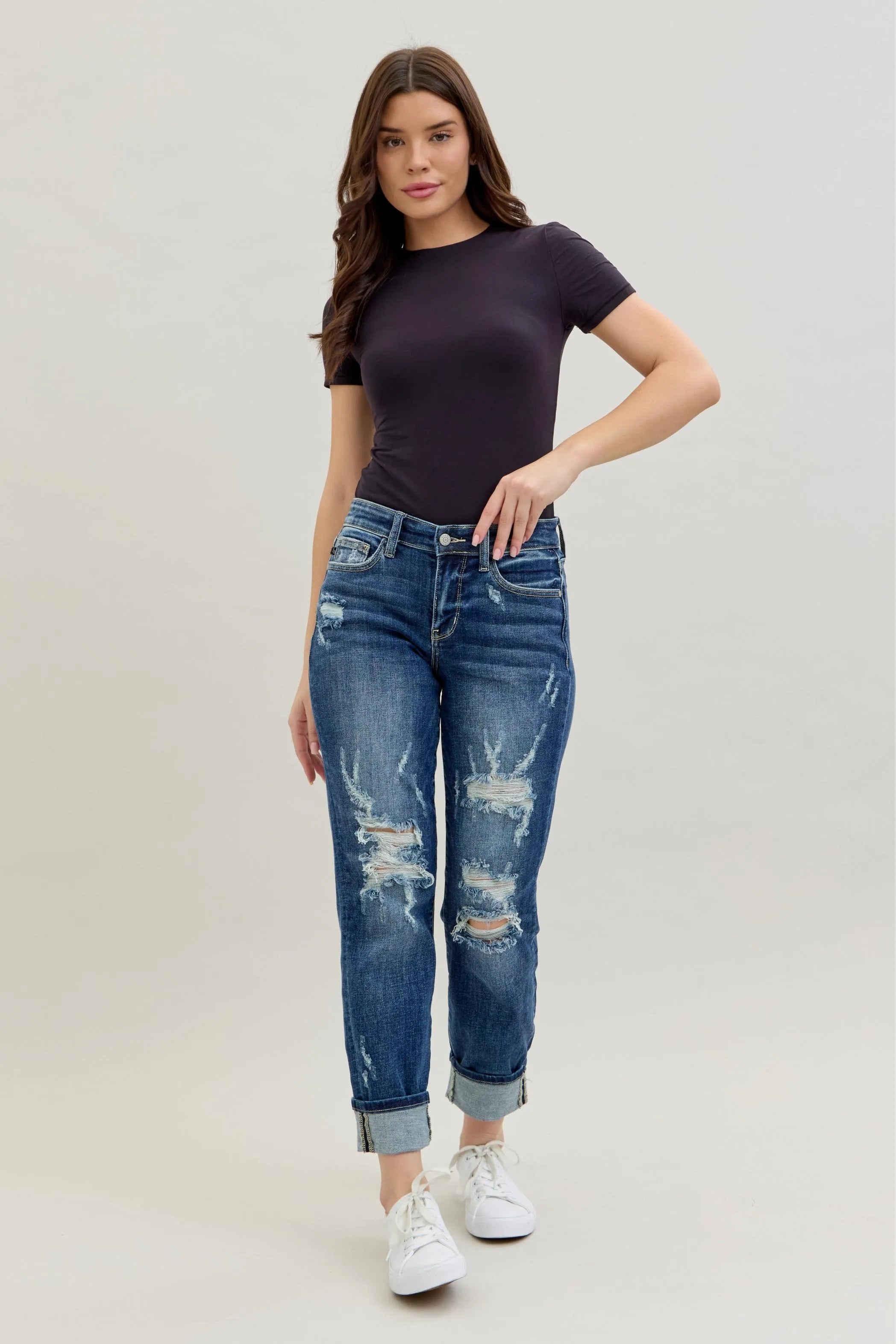 Judy Blue Full Size Mid Rise Cuffed Destroy Boyfriend Jeans