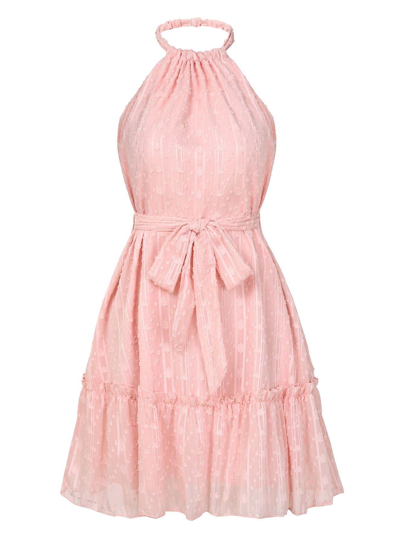 Solid Color Halter neck Casual Lace Tie Waist Dress