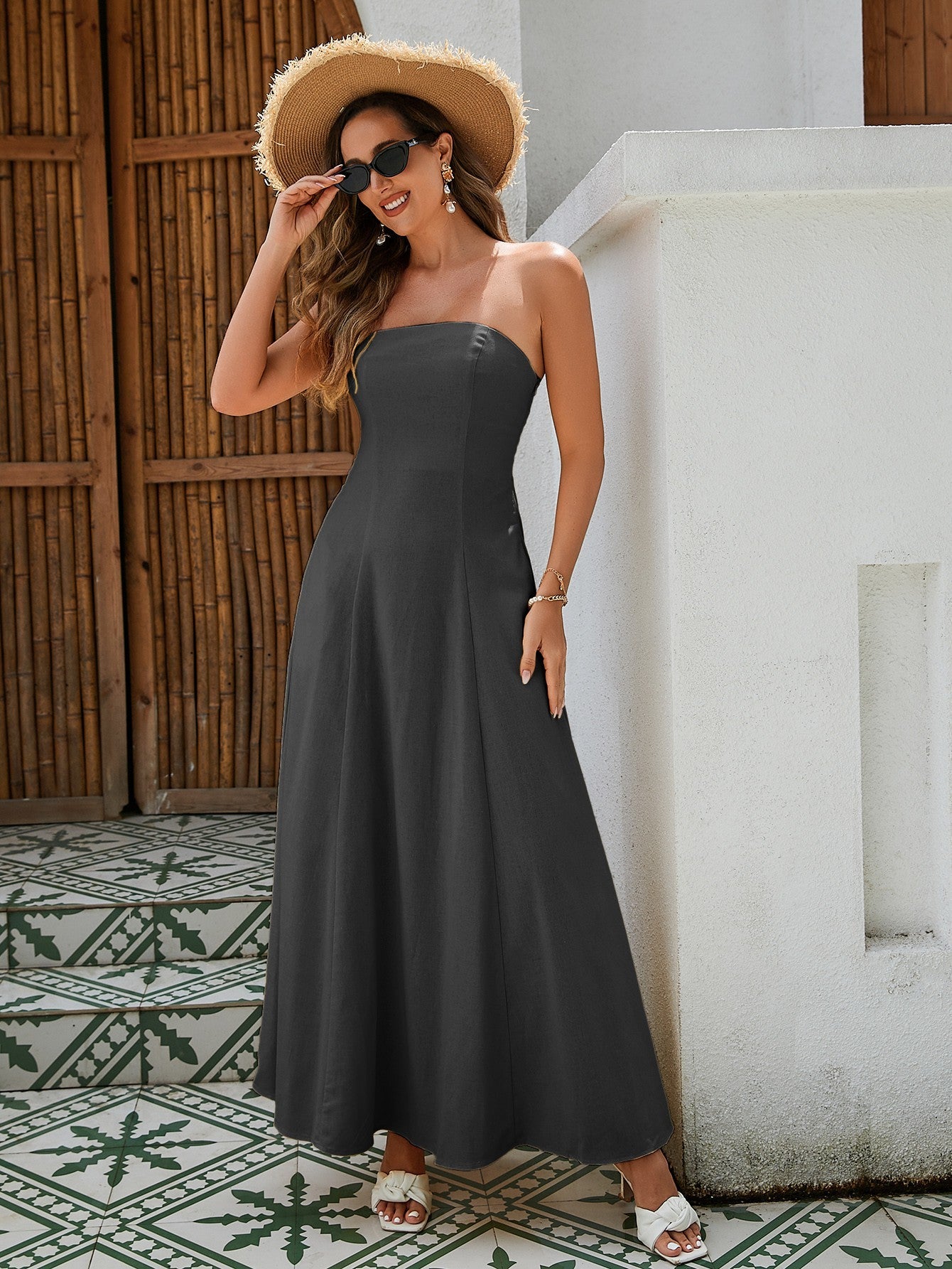 Women's Strapless Linen Maxi Dress - Breathable Fabric With Shirred Back, Flattering A-Line Cut