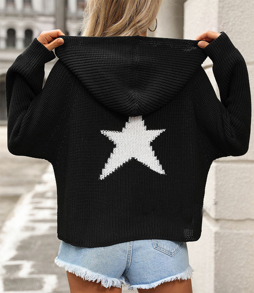 Pullover Hooded Sweater With Pockets Loose Star Long Sleeve Zippered Cropped Cardigan