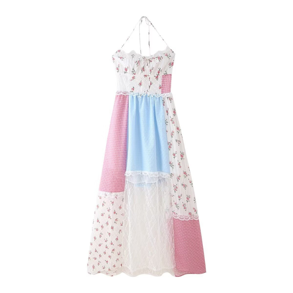 Patchwork Floral Lace Halter Dress