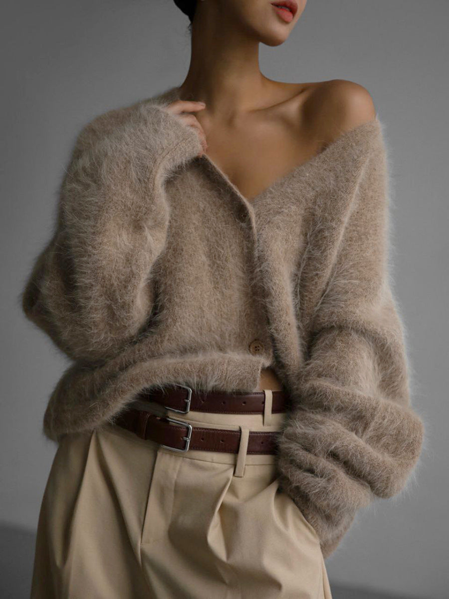 Loose Single Breasted Knitted V-neck Button Cardigan Sweater