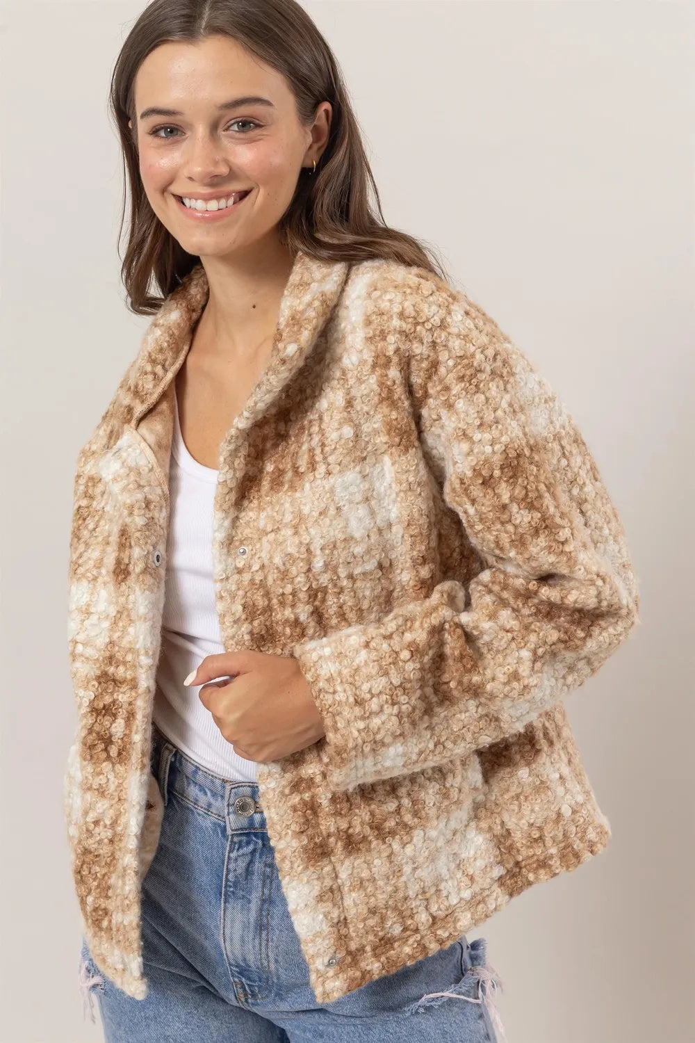 Plaid Collared Neck Boucle Jacket With Pockets