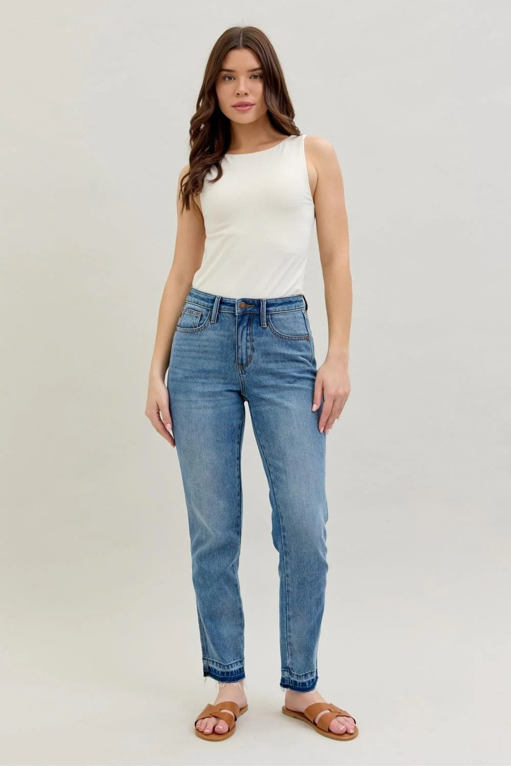 Judy Blue Mid Rise Rigid Magic Release Hem Boyfriend Denim Jeans