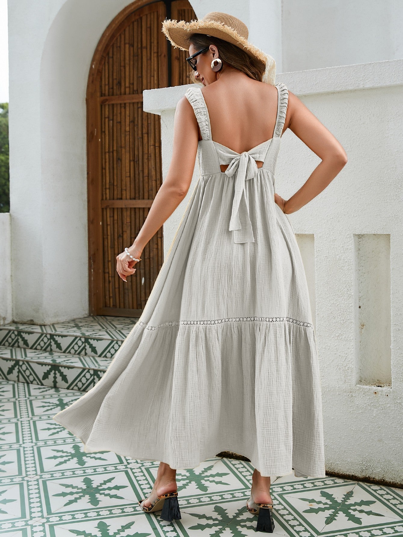 Textured Cotton Maxi Dress - Elastic Smocked Front, Bow-Tie Back, And Lace Trimmed Hem