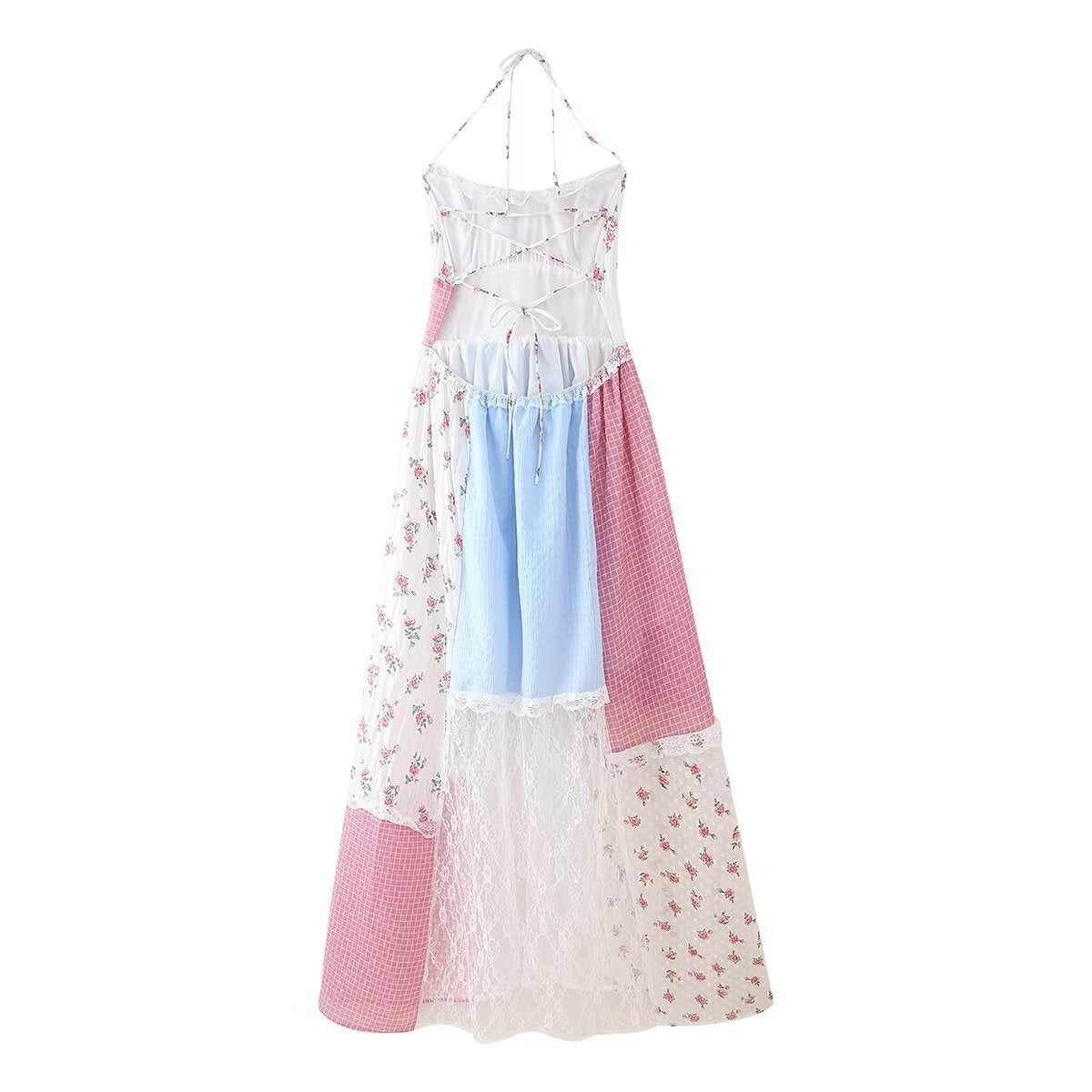 Patchwork Floral Lace Halter Dress