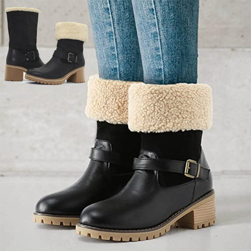 Round Toe Boots With Buckle, Chunky Heel