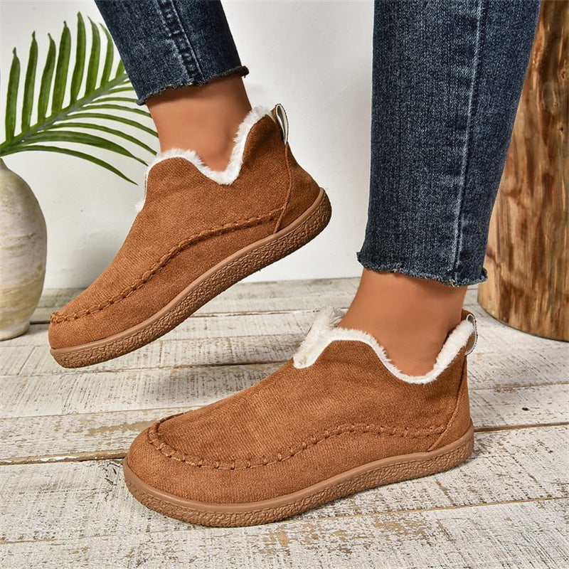 V-cut Plush Ankle Boots Plus Velvet Flat Snow Boot Casual Warm Solid Suede Cotton Shoes