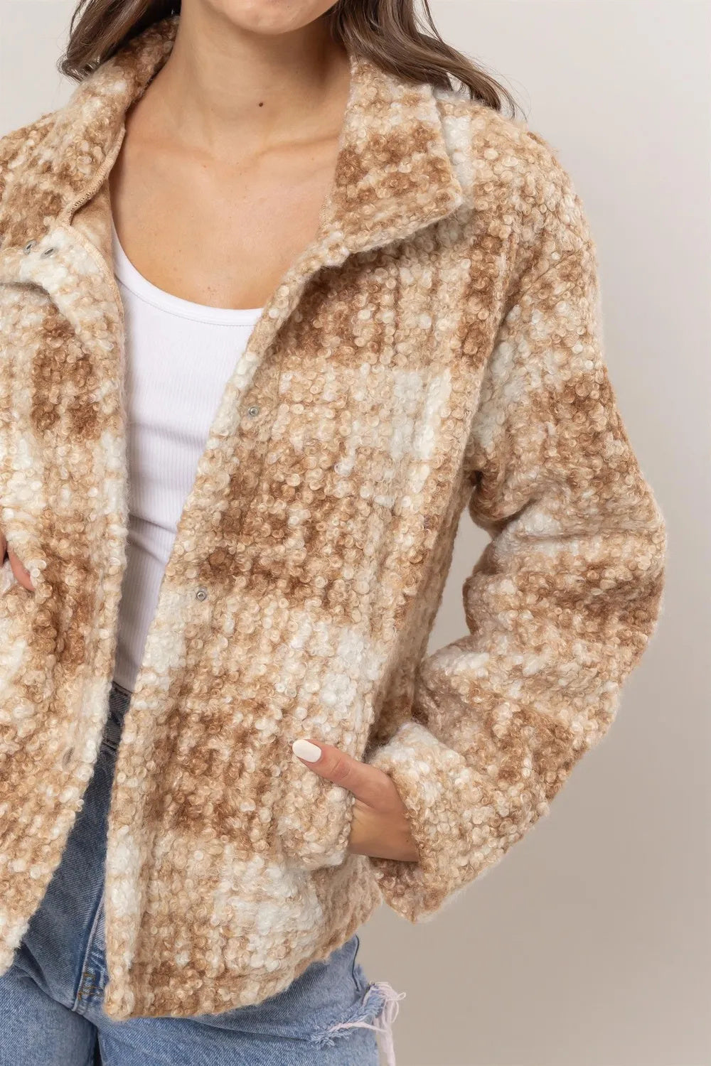 Plaid Collared Neck Boucle Jacket With Pockets