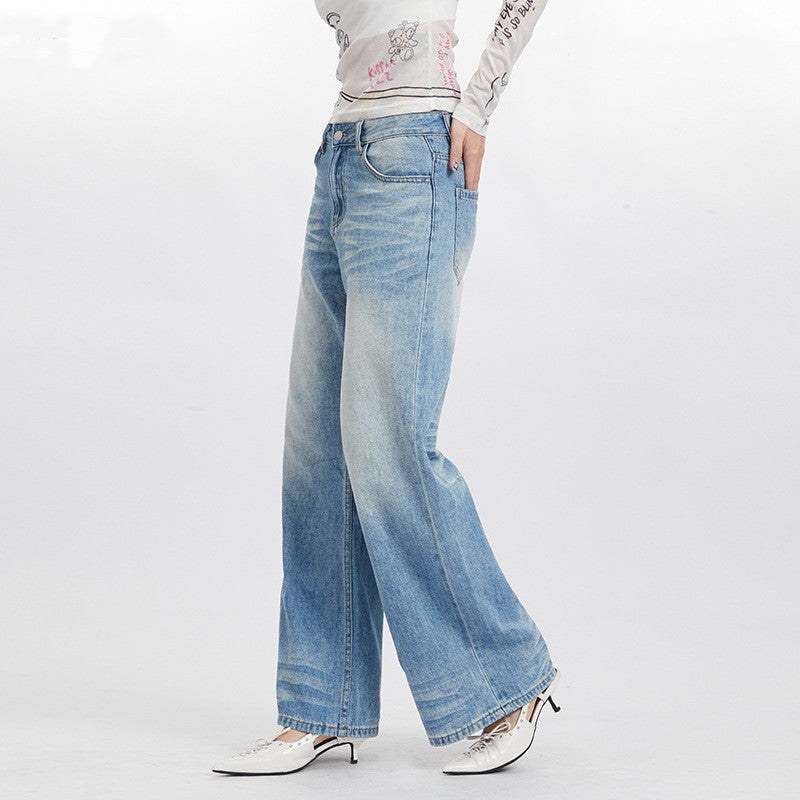 High Waist Wash Drooping Straight Jeans