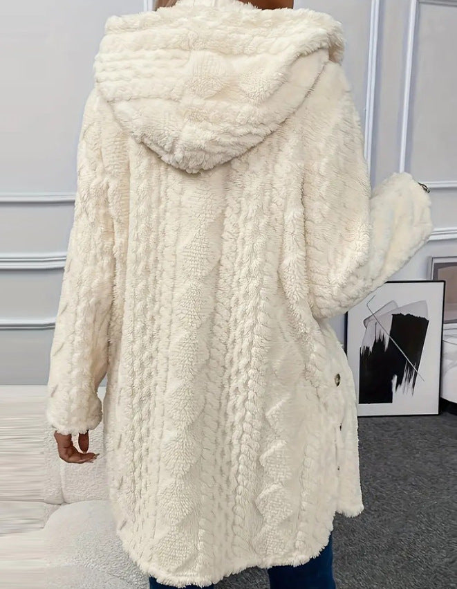 Hooded Cardigan Button Long Jacket Winter Solid Color Long Sleeve Coat