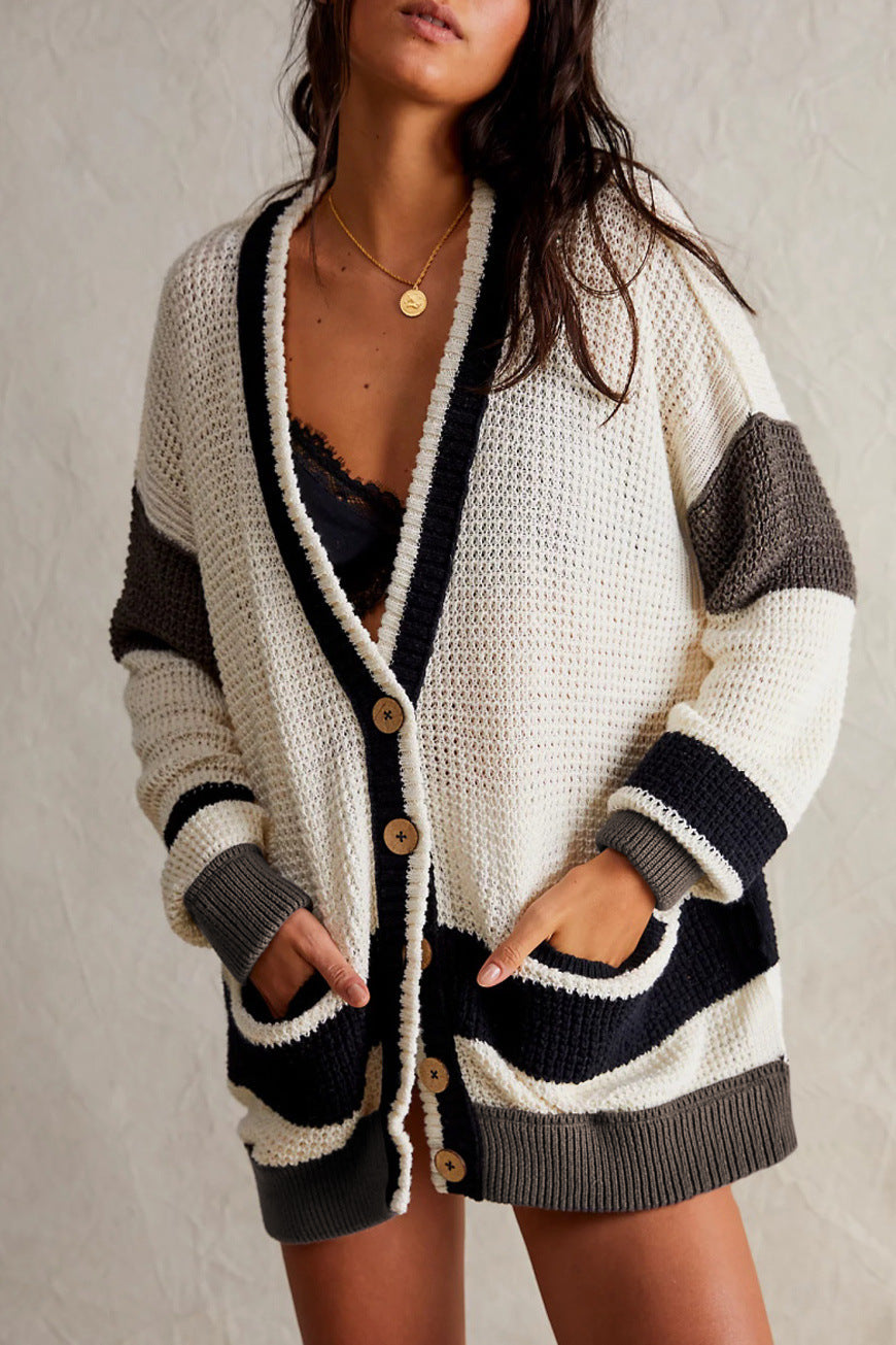 Knitted Pocketed Color Matching Cardigan Sweater