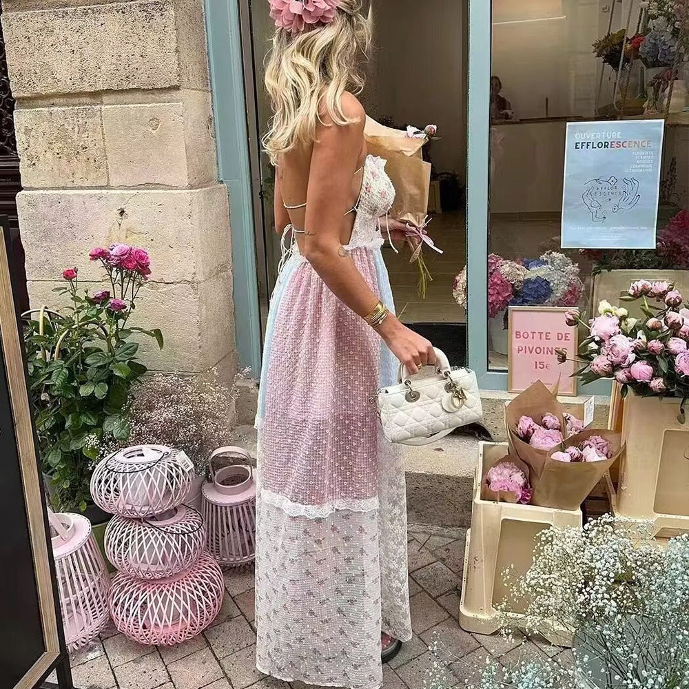 Patchwork Floral Lace Halter Dress