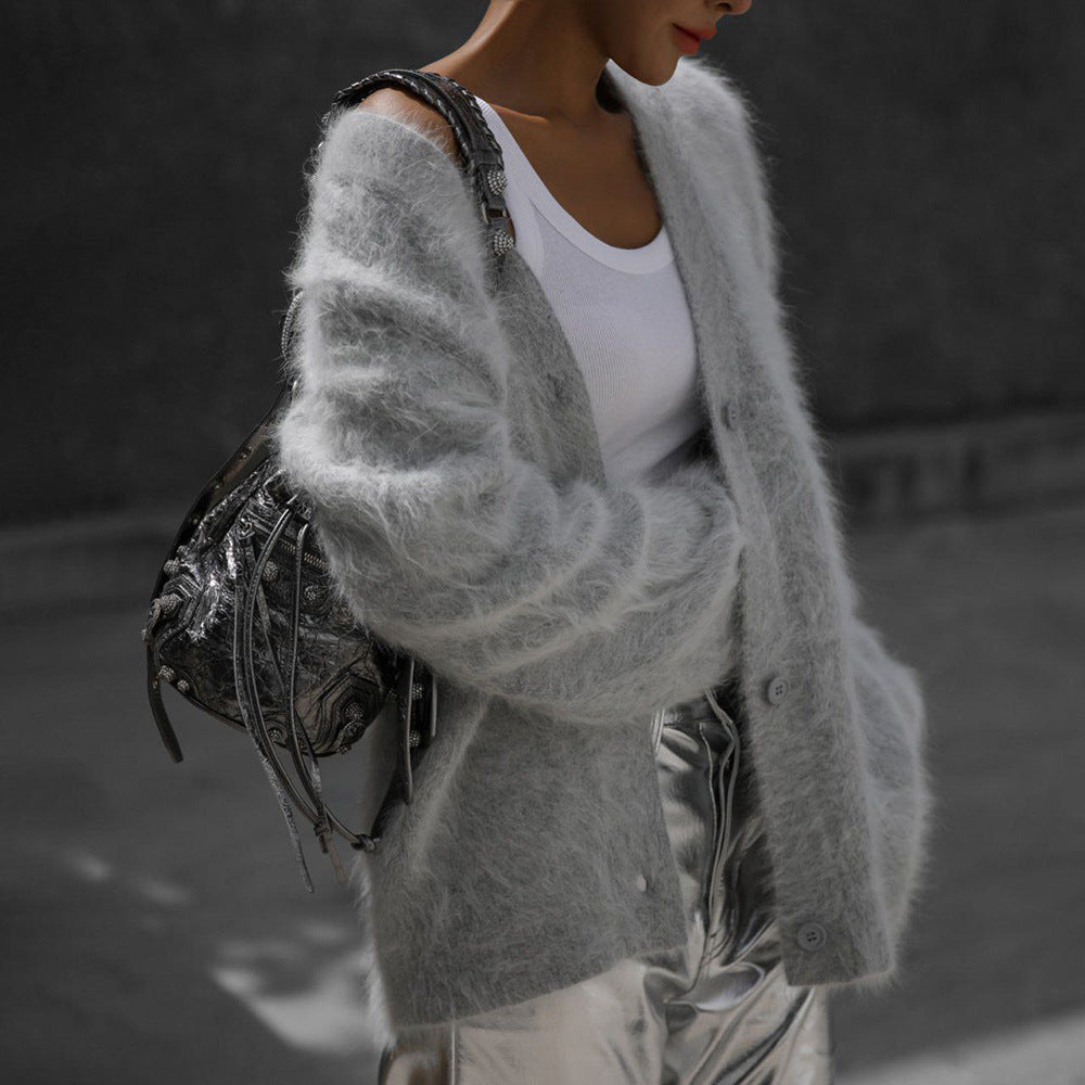 Loose Single Breasted Knitted V-neck Button Cardigan Sweater