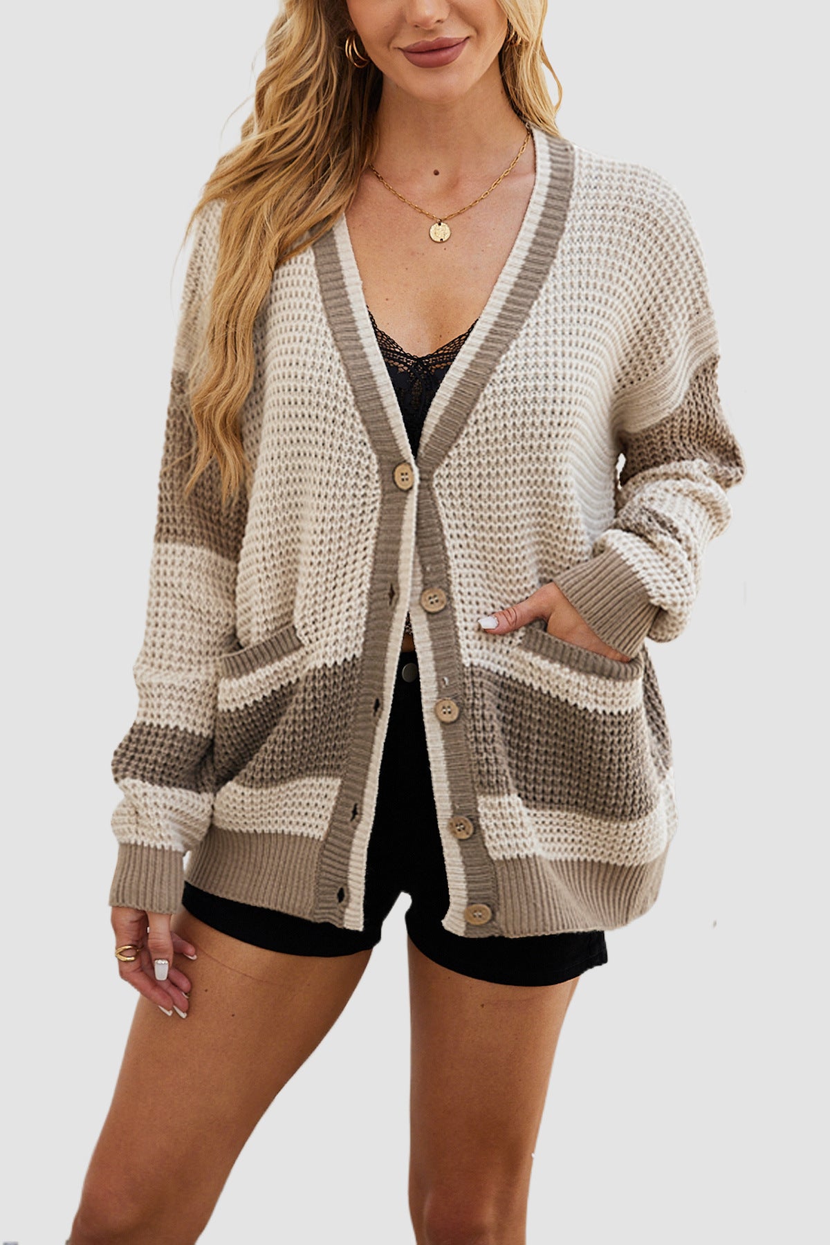 Knitted Pocketed Color Matching Cardigan Sweater