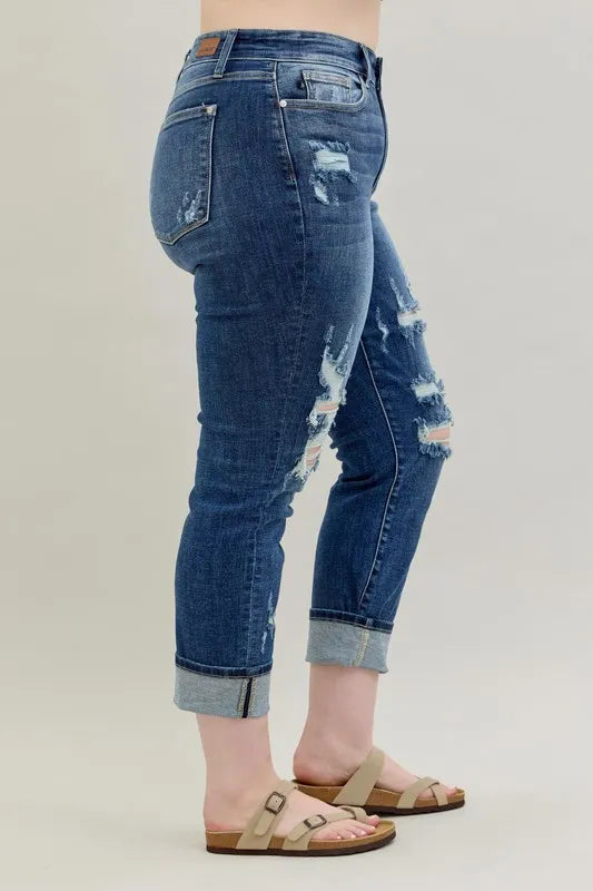Judy Blue Full Size Mid Rise Cuffed Destroy Boyfriend Jeans