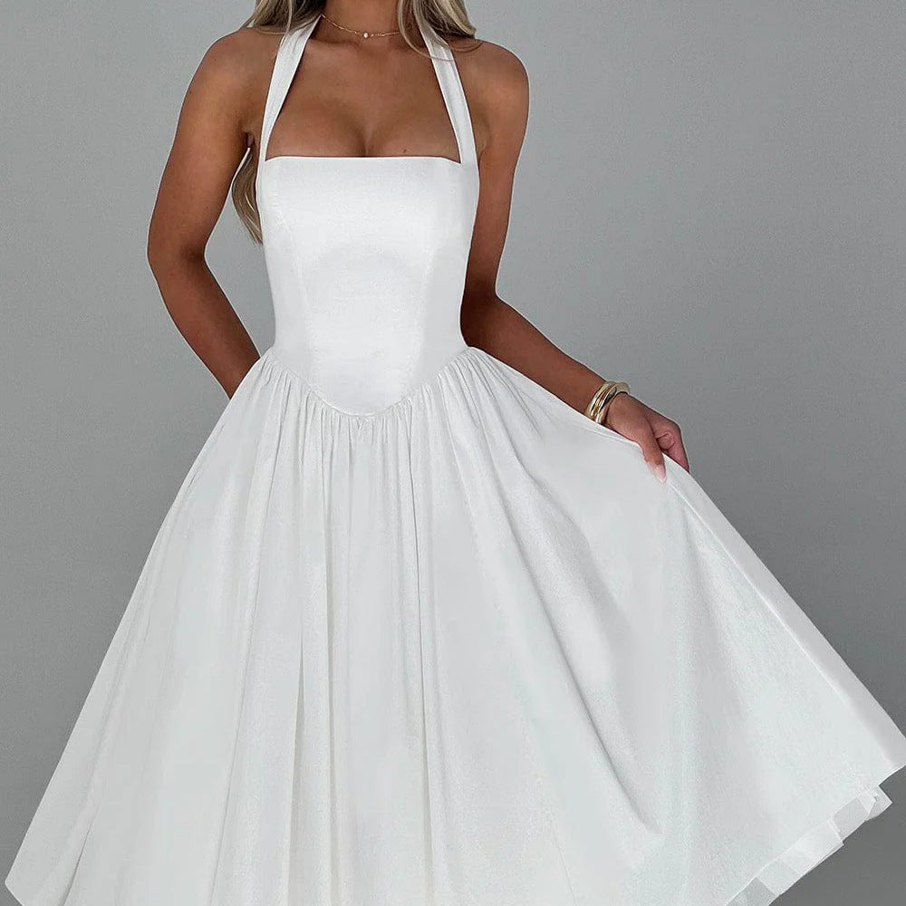Hanging Collar Slim Fit Backless Mid-length Sweet Mesh Temperament Dress