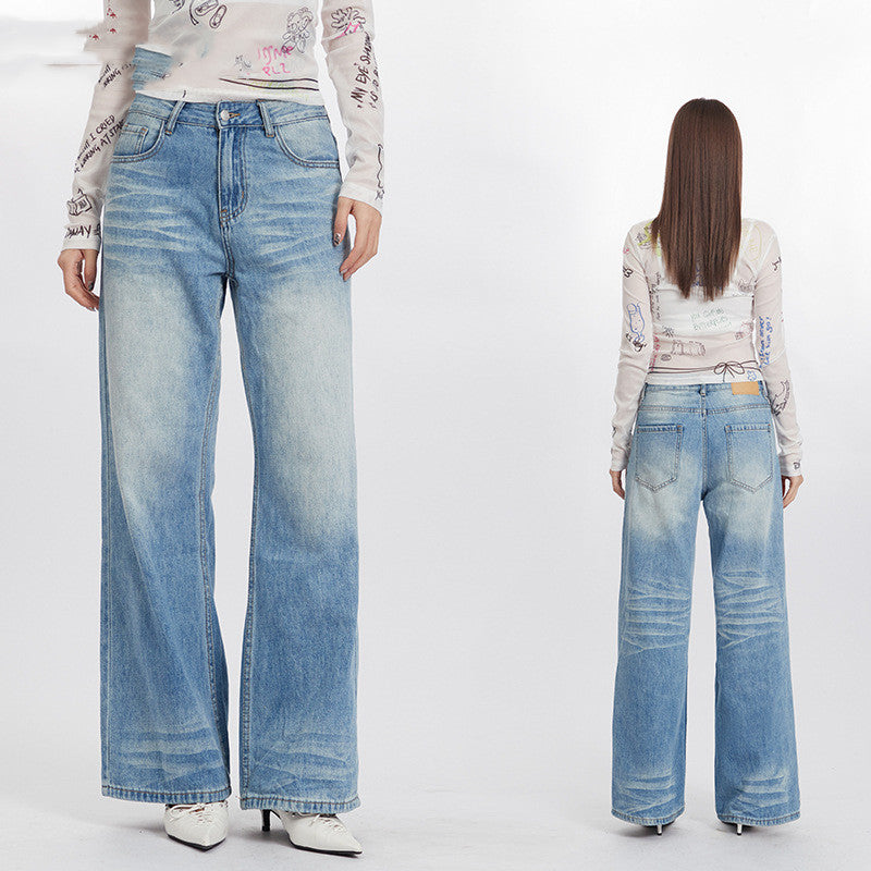 High Waist Wash Drooping Straight Jeans