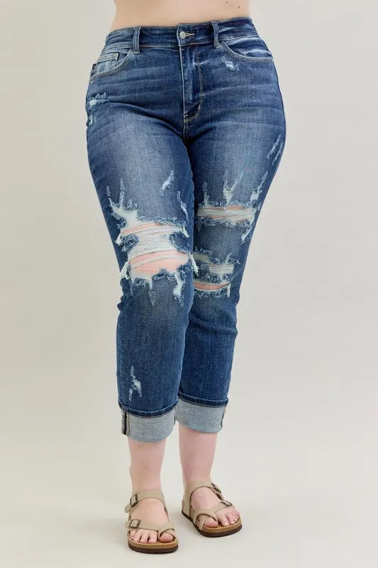 Judy Blue Full Size Mid Rise Cuffed Destroy Boyfriend Jeans