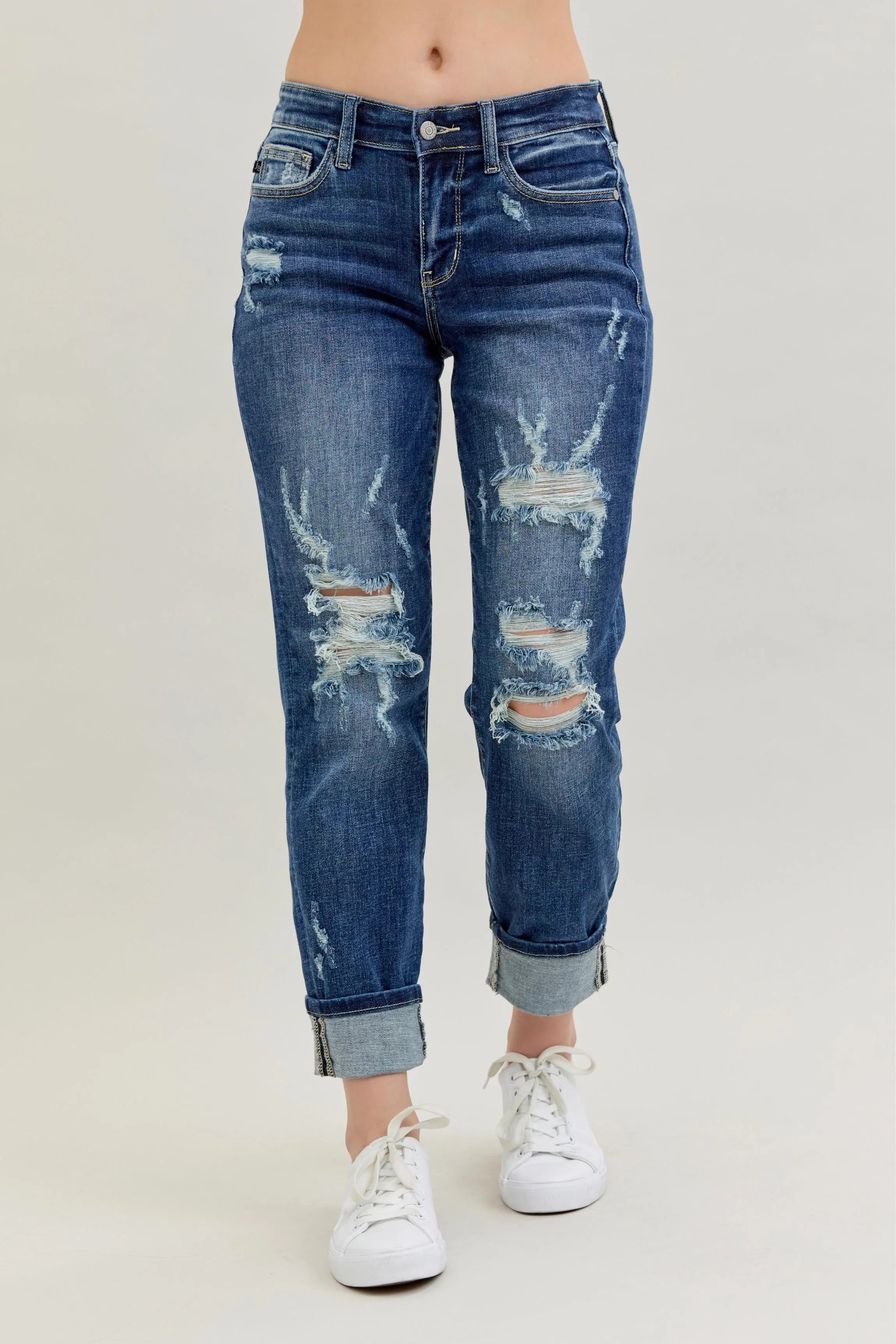 Judy Blue Full Size Mid Rise Cuffed Destroy Boyfriend Jeans Plus Size