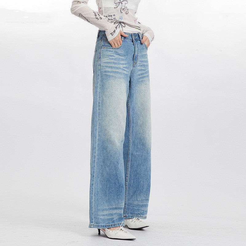 High Waist Wash Drooping Straight Jeans