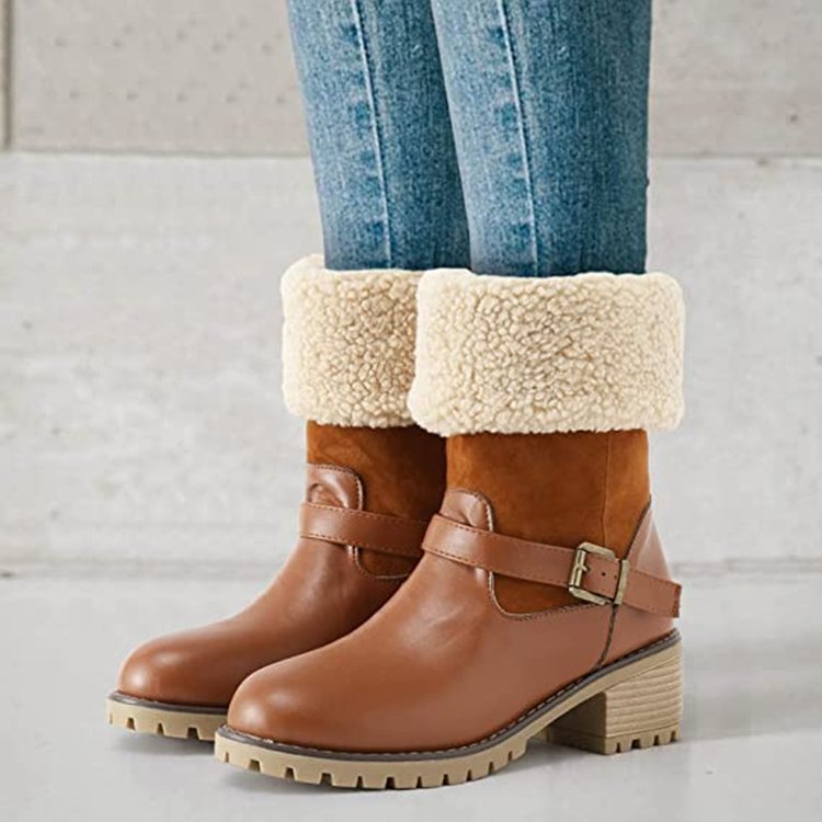 Round Toe Boots With Buckle, Chunky Heel