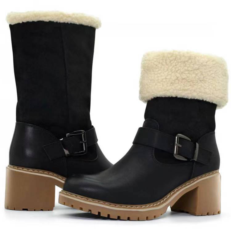 Round Toe Boots With Buckle, Chunky Heel