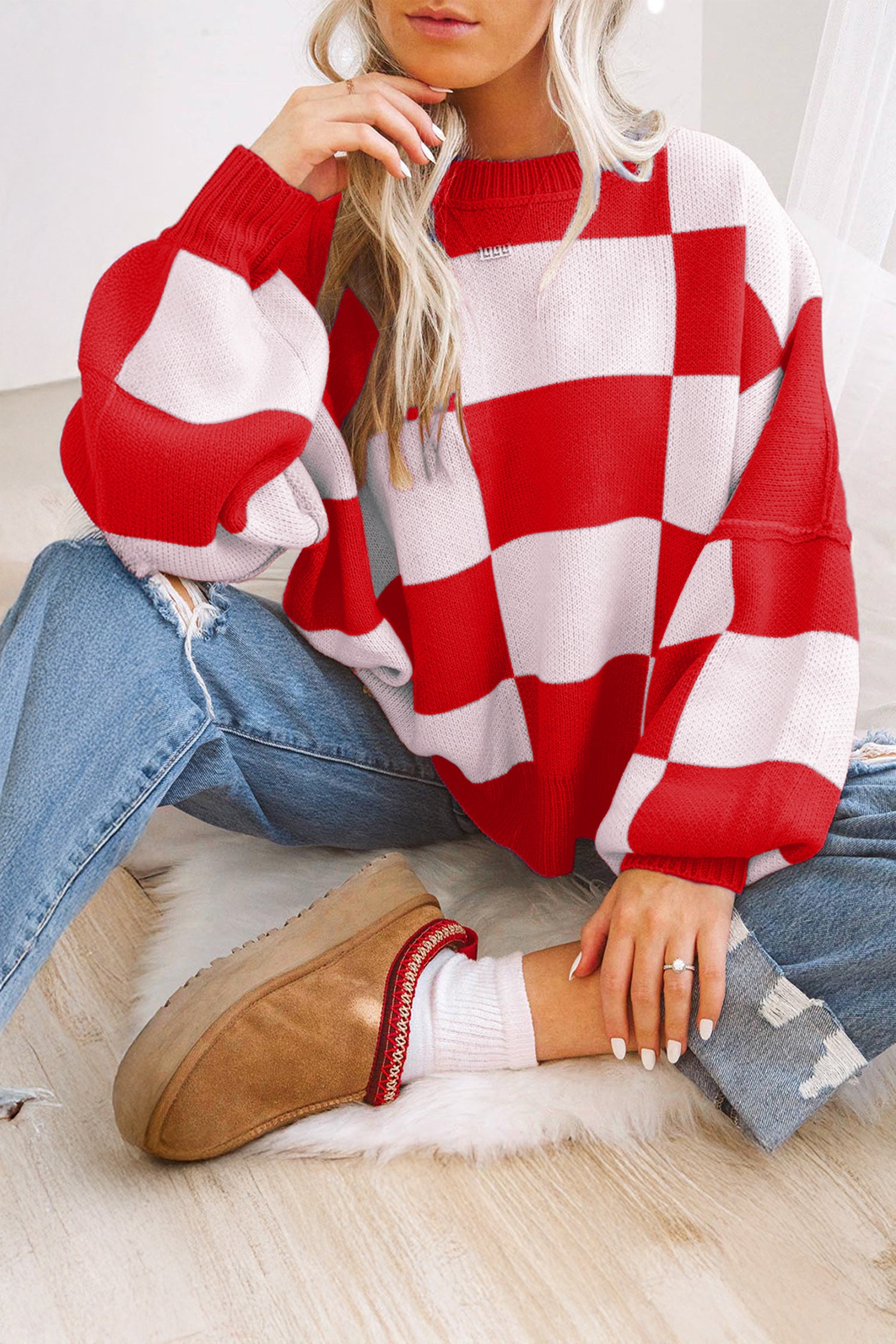 Checkered Bishop Sleeve Sweater