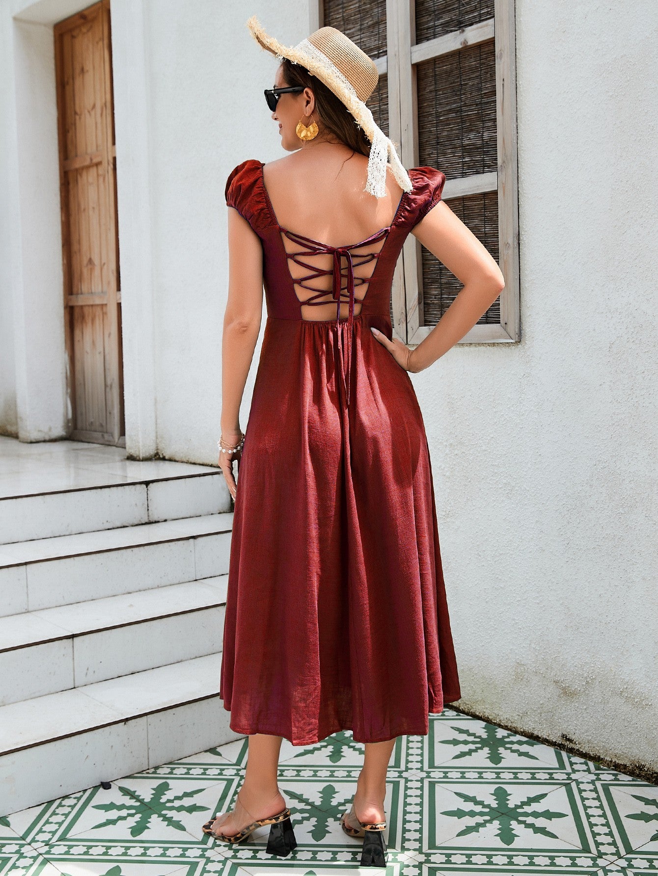 Linen-Cotton Midi Dress - Versatile Off-Shoulder Design With Adjustable Tie-Back And Split Hem