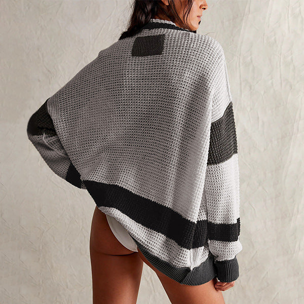 Knitted Pocketed Color Matching Cardigan Sweater