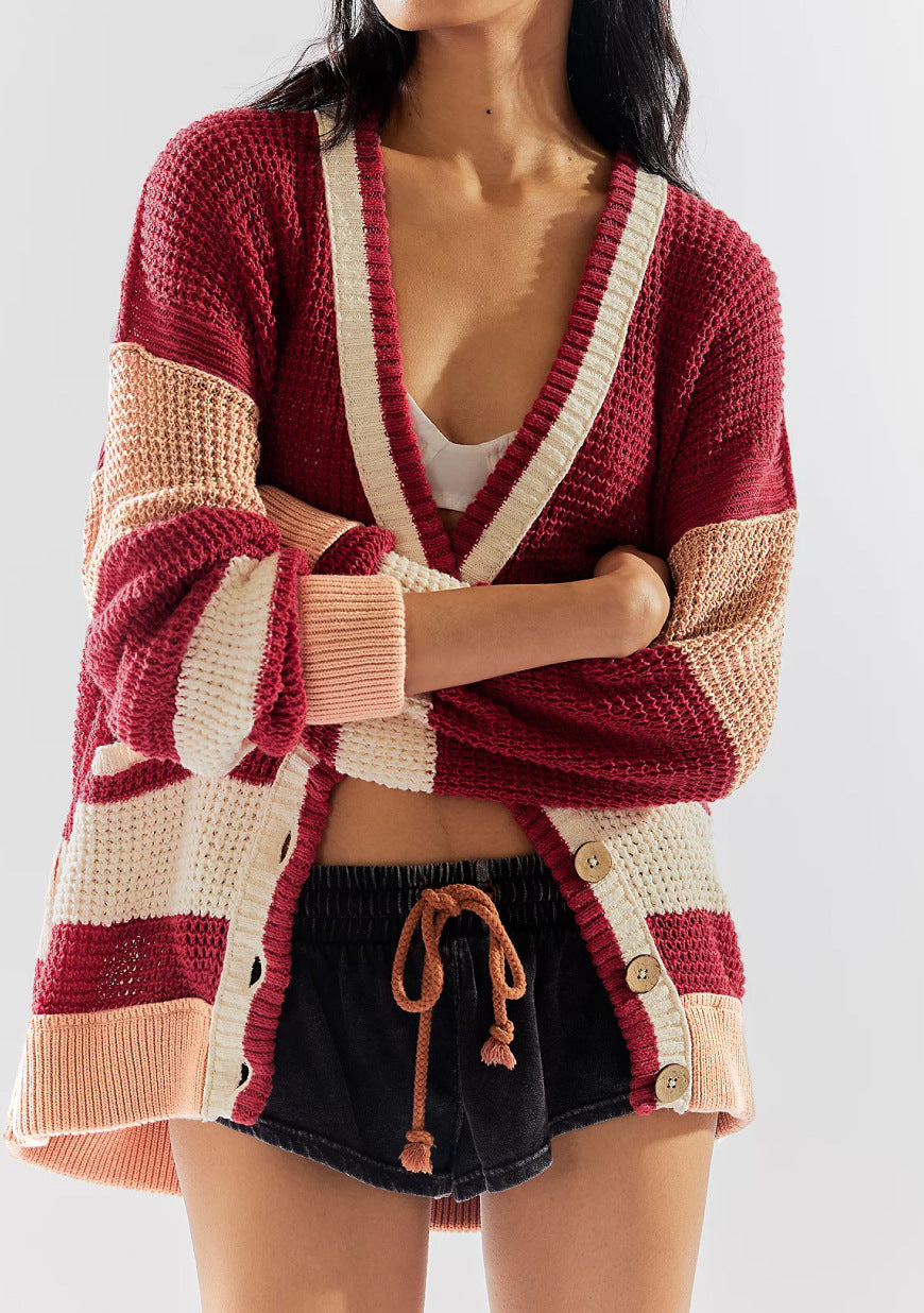 Knitted Pocketed Color Matching Cardigan Sweater