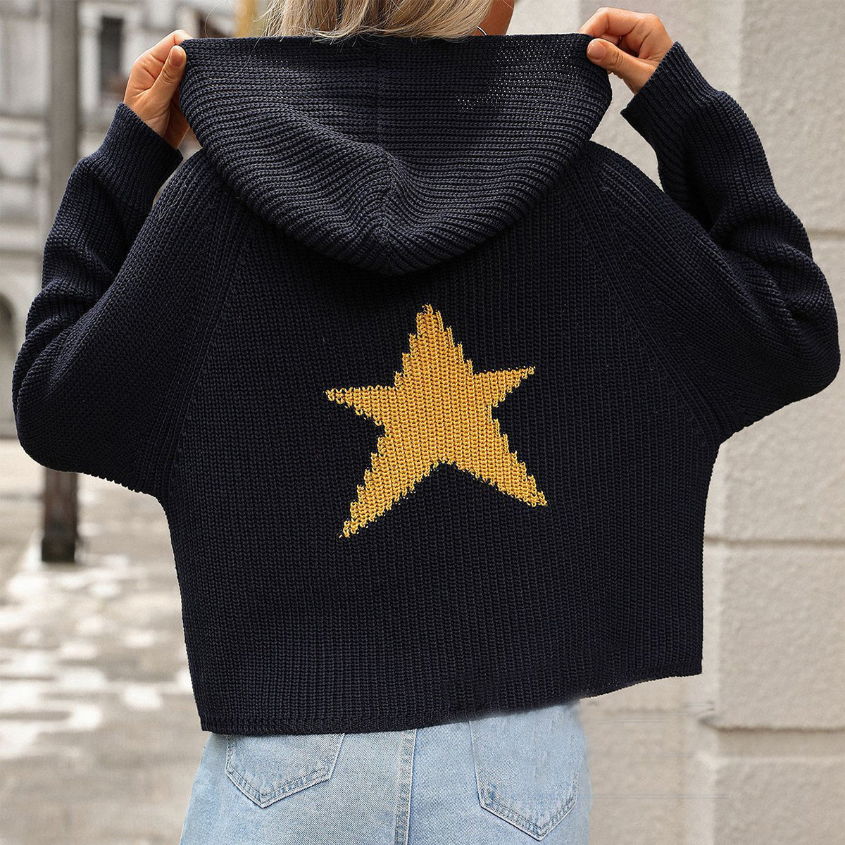 Pullover Hooded Sweater With Pockets Loose Star Long Sleeve Zippered Cropped Cardigan