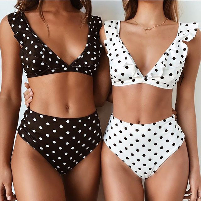 2pcs Black And White Polka Dot Print, Ruffled Deep V-neck Bikini Set