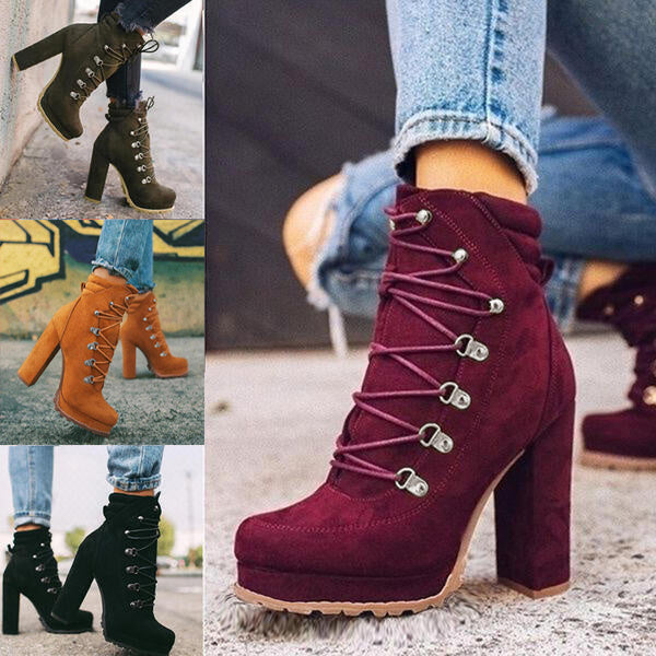 Heeled Round Toe Lace UP High Heel Mid Calf Boots