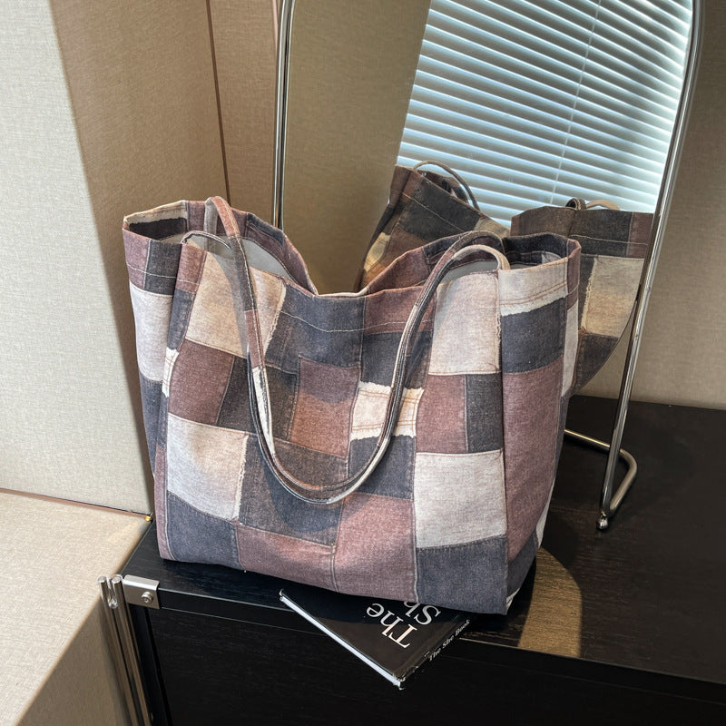 Large Capacity Denim Color-contrast Check Idle Tote Bag