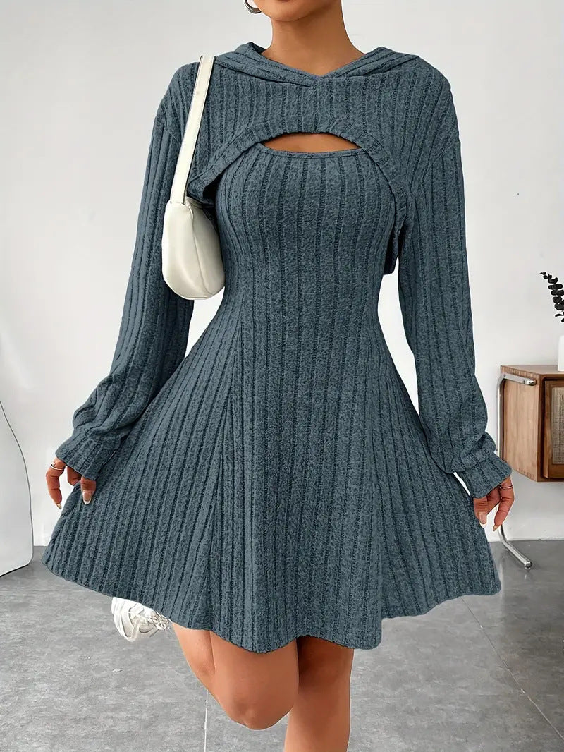 Hooded Shawl Long-sleeved Vest Short Dress Two-piece Set