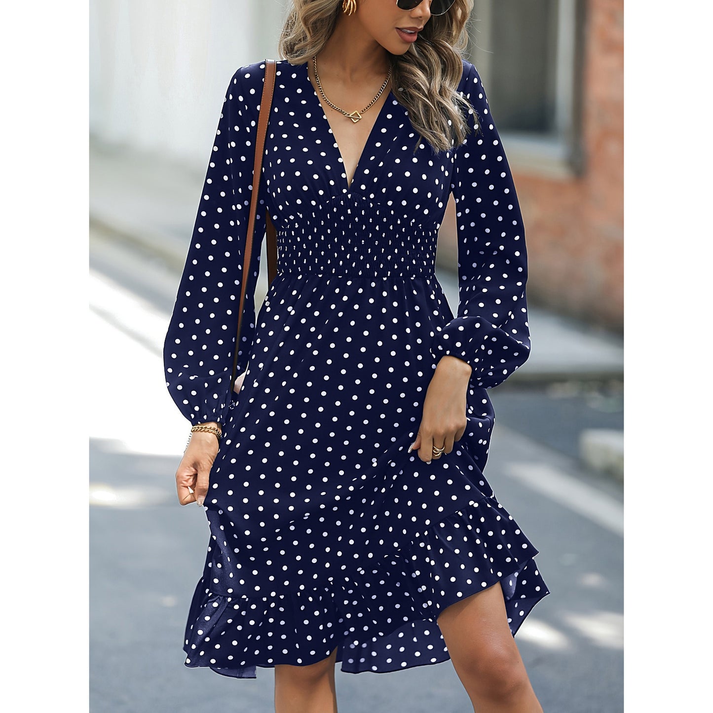 Waist Slimming Polka Dot Long Sleeve Dress