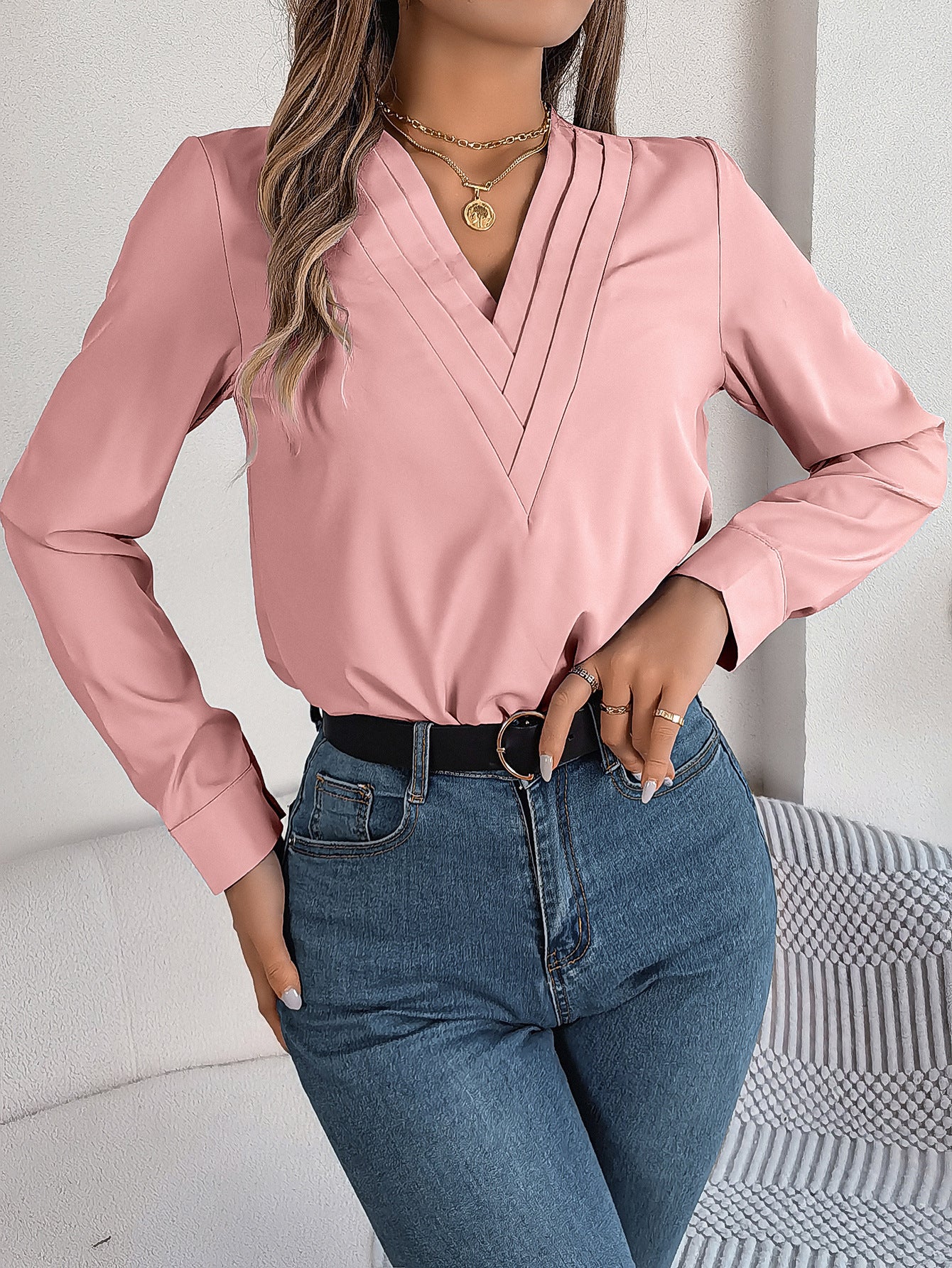 V-Neck Long Sleeve Elegant Commuter Solid Blouse