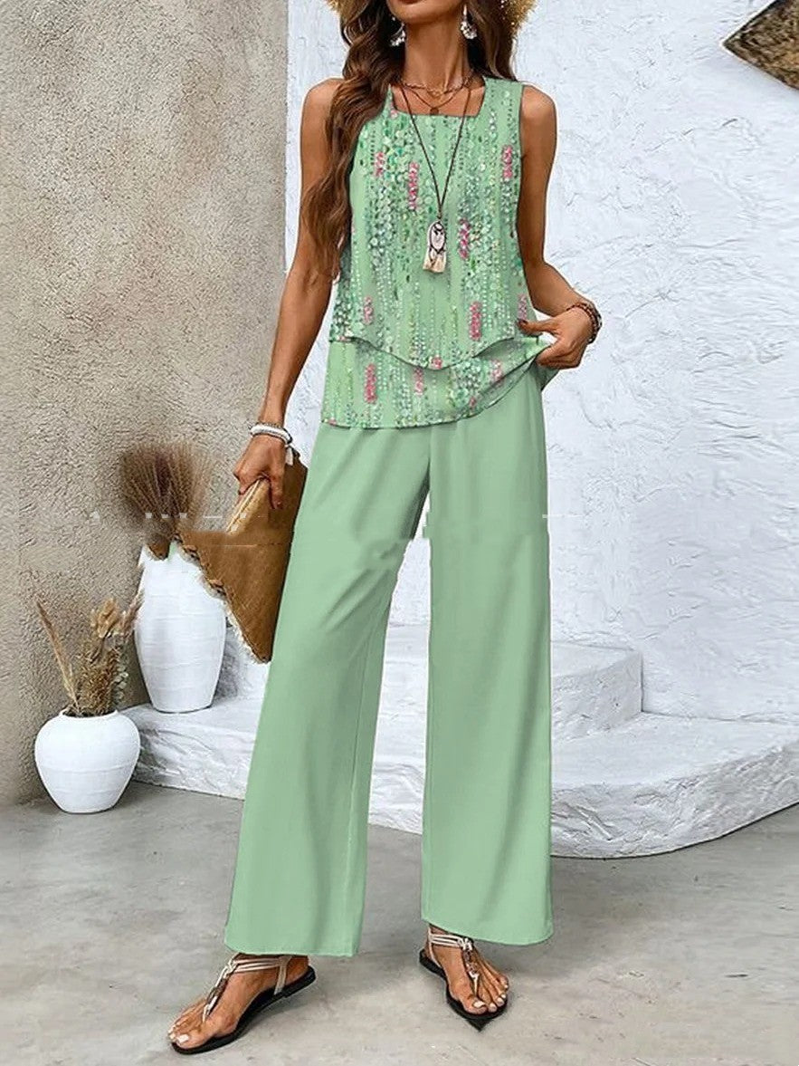 Printed Sleeveless Double-layer Vest And Loose Straight Pants Suit