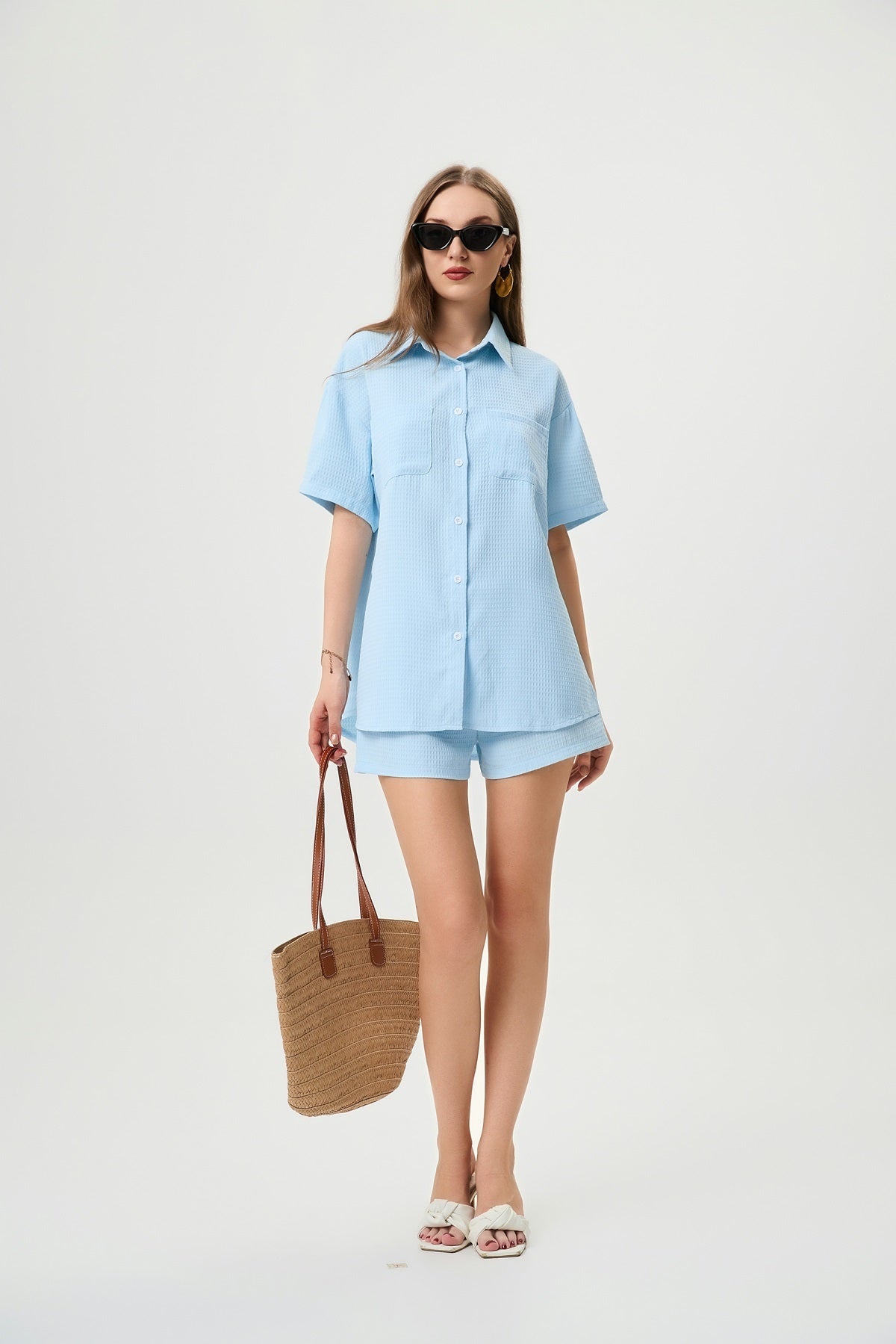 Casual Two-Piece Set For Women - Waffle Textured Fabric Shirt And Shorts With Side Slits, Versatile Ice Blue Summer Outfit